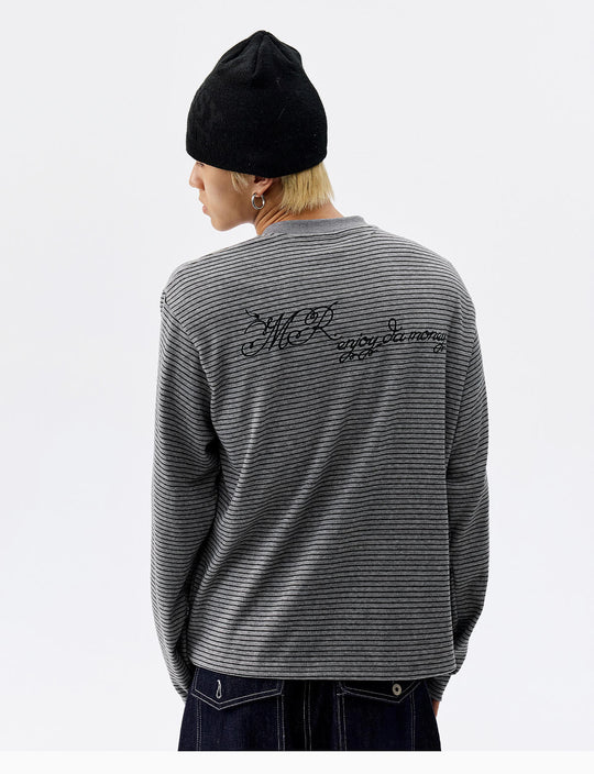 MEDM Rose Embroidered Striped Henley Long Sleeve Tee | Face 3 Face