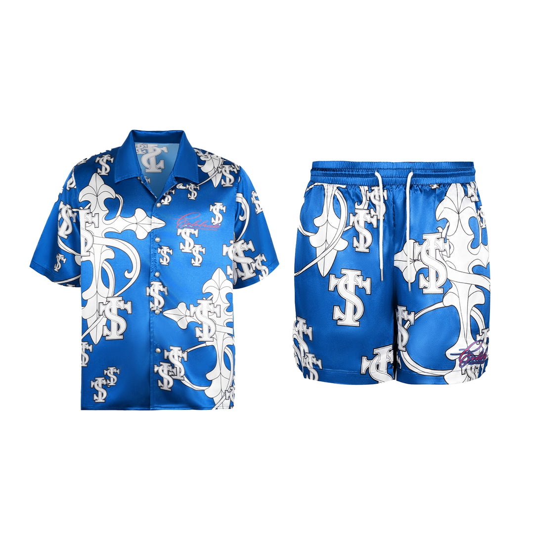 Small Town Kid Monogram Cross Logo Satin Cuban Shirt Set | Face 3 Face