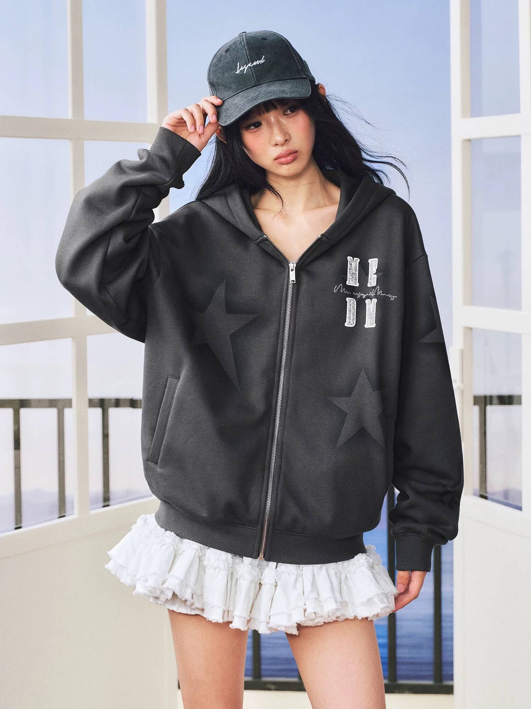 MEDM Spray Star Print Rhinestone Logo Zip Up Hoodie | Face 3 Face