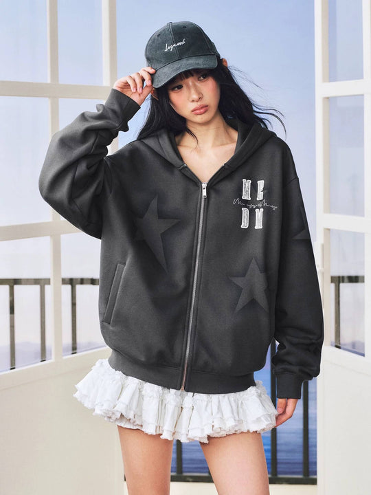 MEDM Spray Star Print Rhinestone Logo Zip Up Hoodie | Face 3 Face