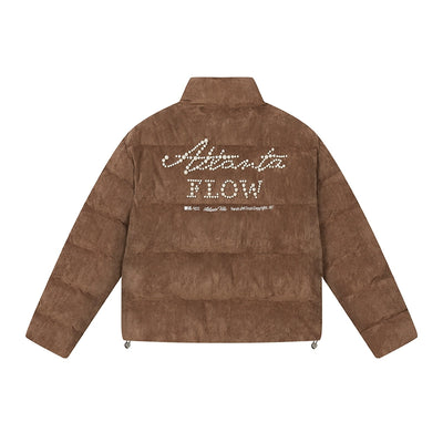 Harsh and Cruel Font Pearl Embroidery Suede Down Jacket | Face 3 Face