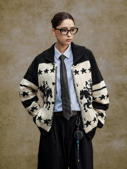 YADcrew Star Horse Angel Jacquard Knit Cowichan Cardigan | Face 3 Face