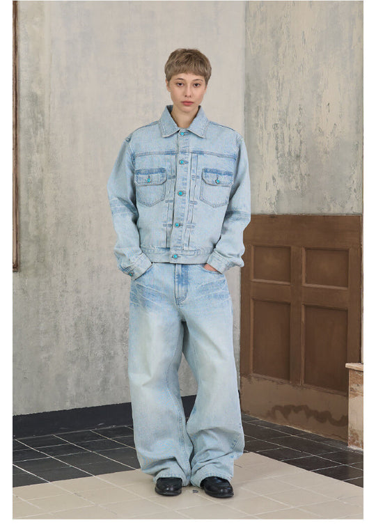 S45 Light Blue Heavy Washed Turquoise Button Flared Jeans