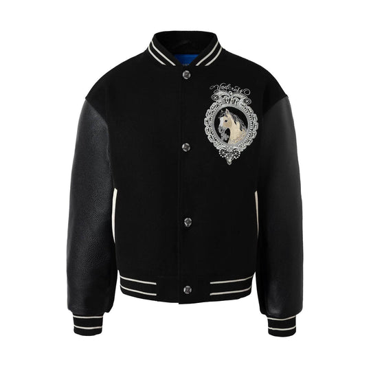 YADcrew Horse Sequin Pearl Embroidered Varsity Jacket | Face 3 Face