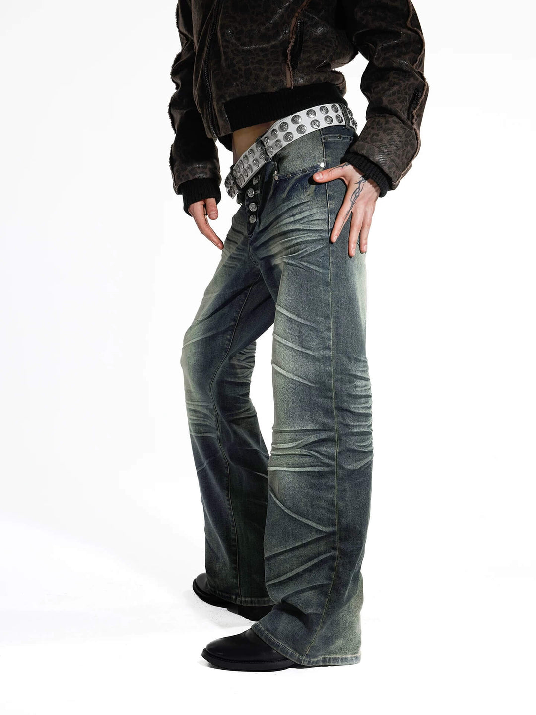 Night Lab Studded Button Fly Whisker Washed Jeans | Face 3 Face