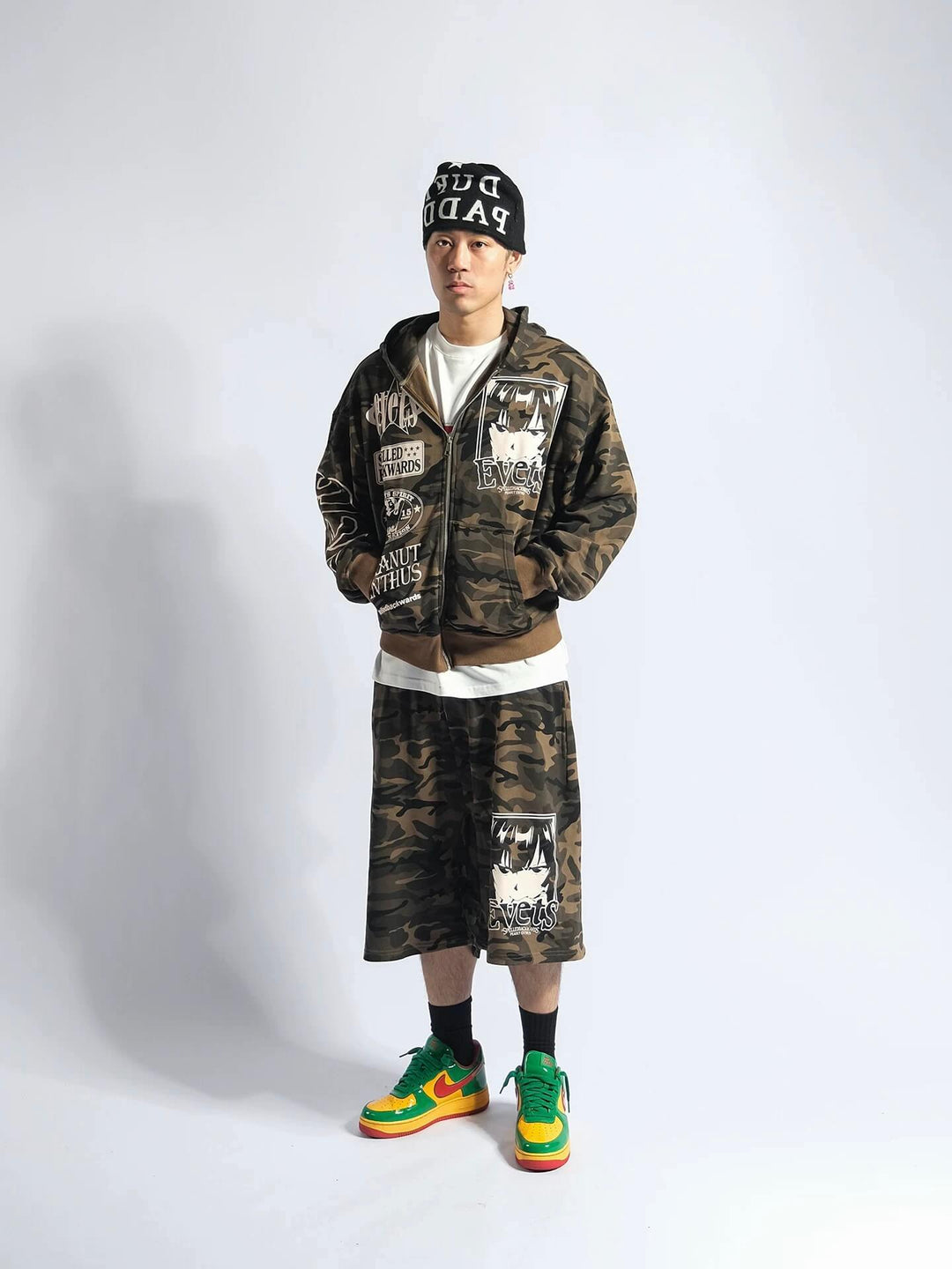EVETS Anime Graphic Print Camo Baggy Sweat Shorts | Face 3 Face