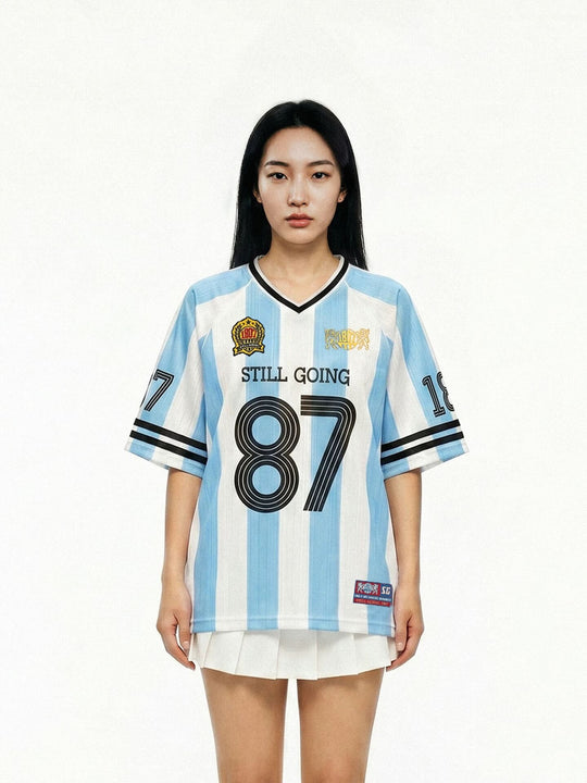 1807 Patterned Fabric Stripe Print Short Sleeve Soccer Jersey | Face 3 Face