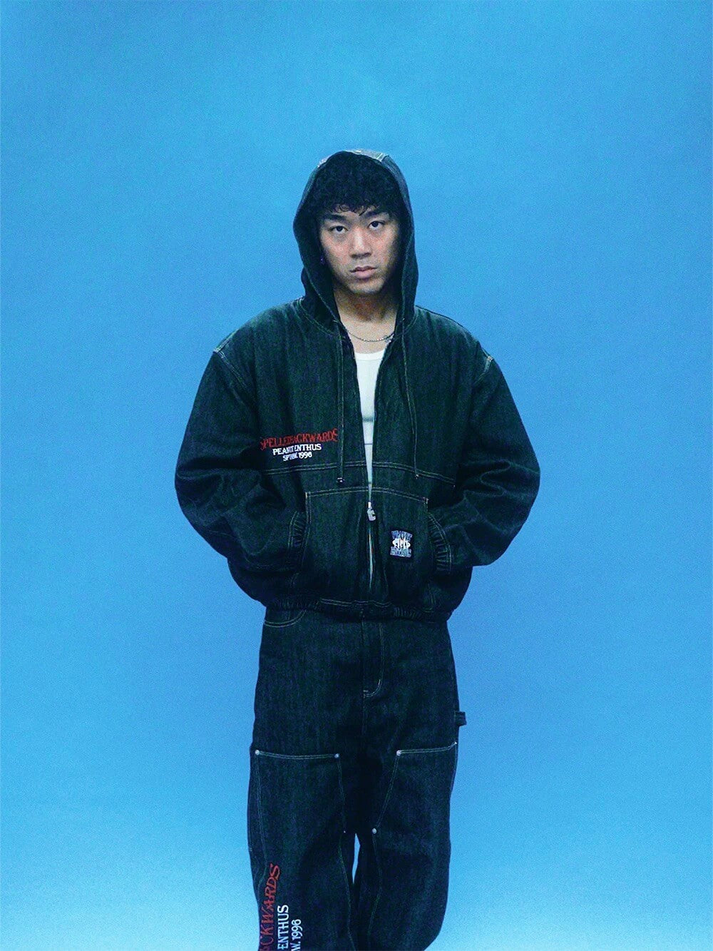 EVETS Embroidered Hooded Denim Jacket | Face 3 Face