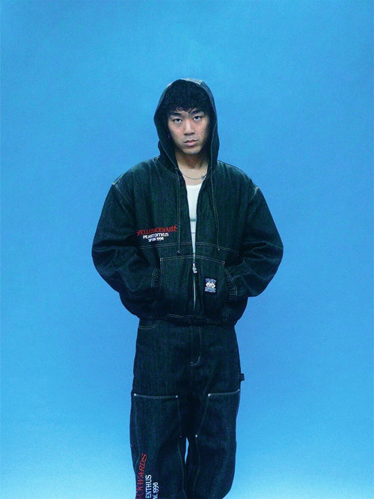 EVETS Embroidered Hooded Denim Jacket | Face 3 Face