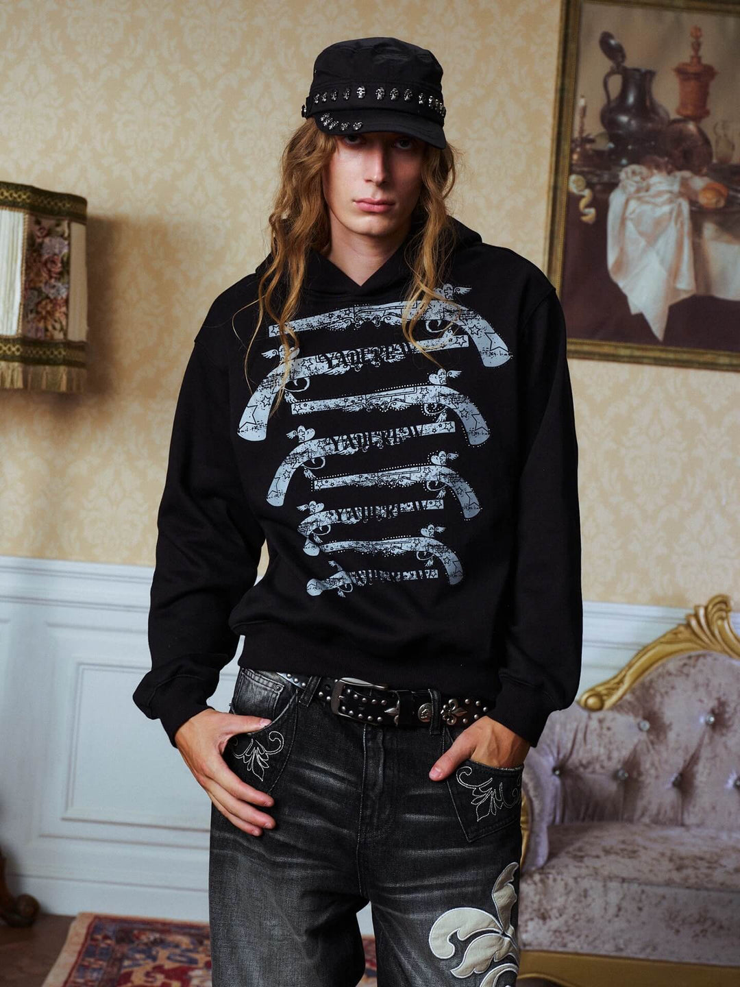 YADcrew Heart Pistol Print Rhinestone Embellished Hoodie | Face 3 Face