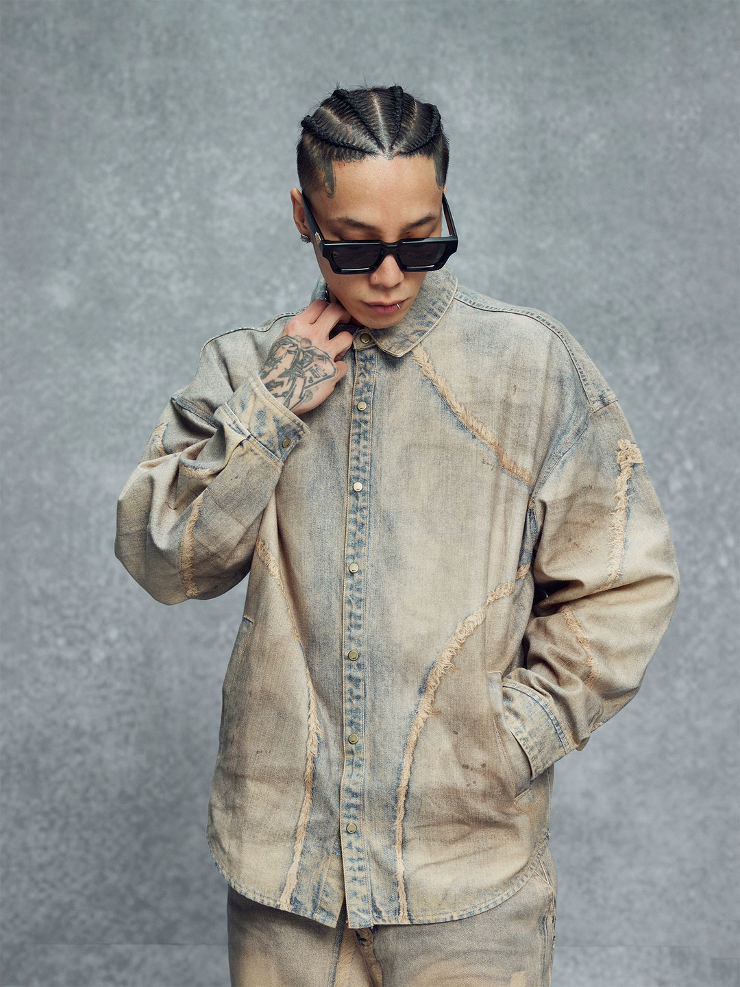 1807 Rust Aged Digital Print Denim Long Sleeve Shirt | Face 3 Face