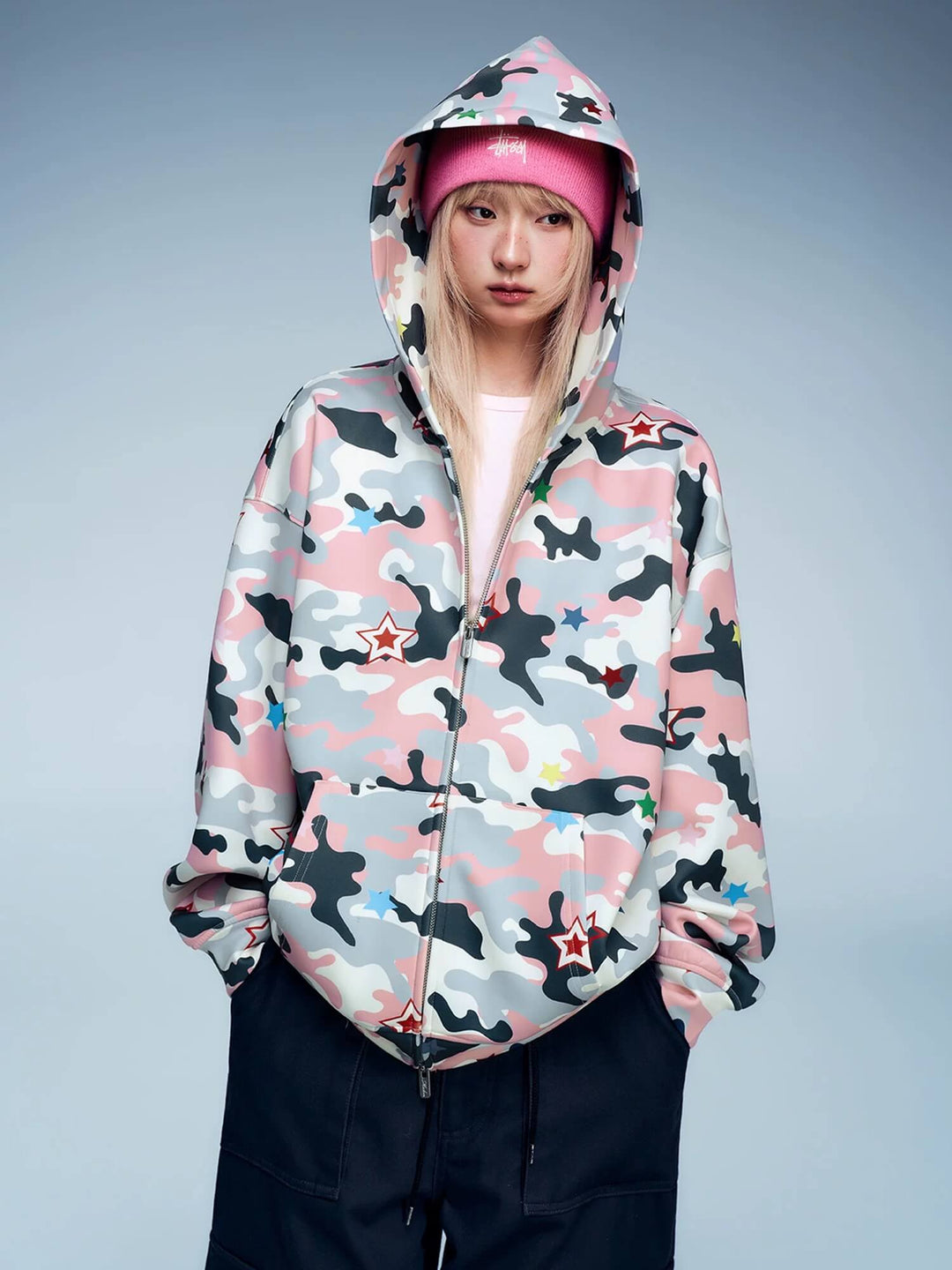 MEDM All Over Colorful Star Camouflage Zip Up Hoodie | Face 3 Face