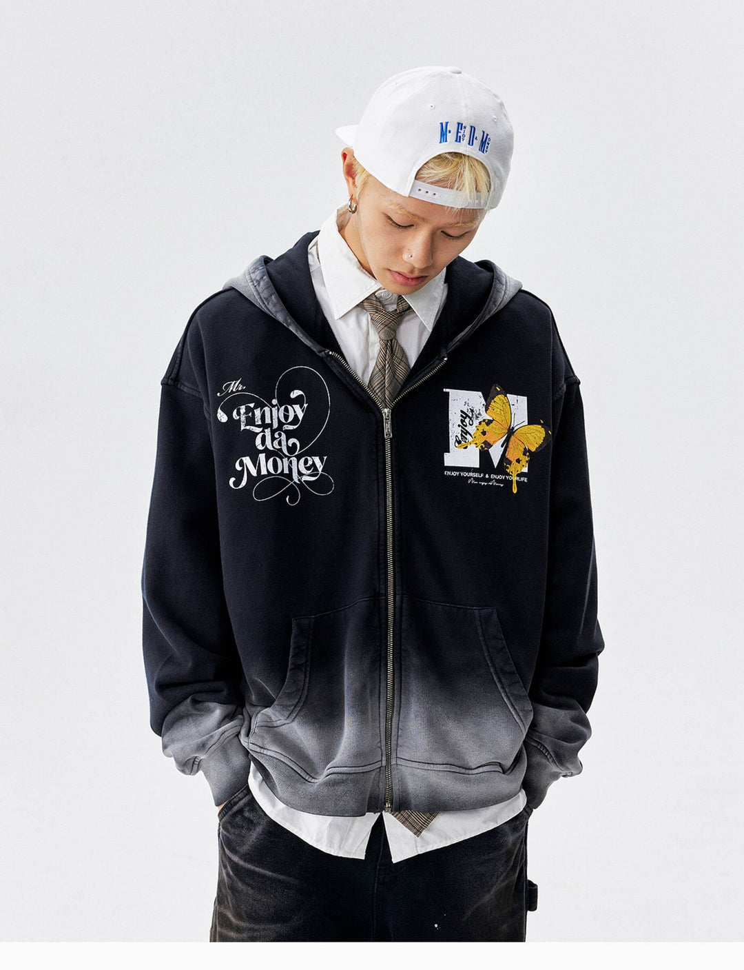 MEDM Washed Angel Butterfly Print Zip Up Hoodie | Face 3 Face