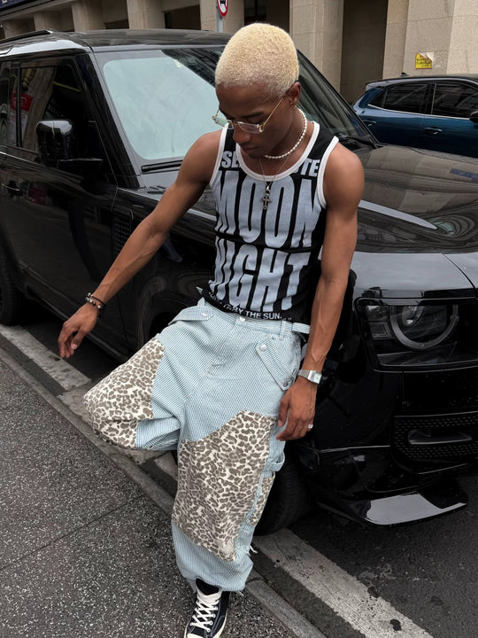 STEEPC Leopard Print Double Knee Hickory Stripe Baggy Pants | Face 3 Face