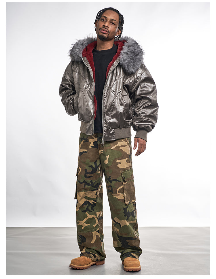 F3F Select Red Velvet Lining PU Leather Fur Hooded Bomber Jacket | Face 3 Face