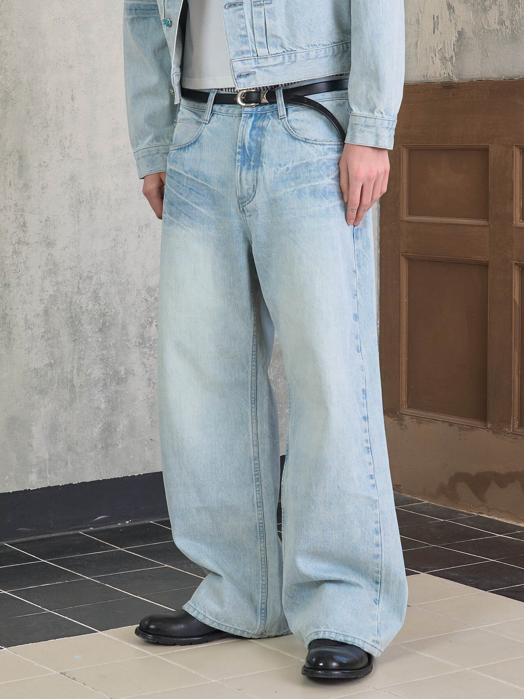S45 Light Blue Heavy Washed Turquoise Button Flared Jeans