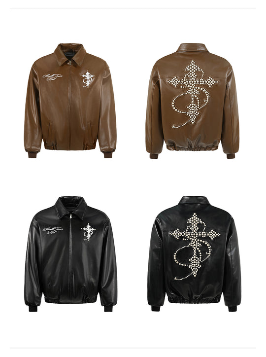 Small Town Kid Pearl Cross Logo PU Leather Racing Jacket | Face 3 Face