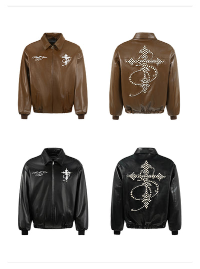 Small Town Kid Pearl Cross Logo PU Leather Racing Jacket | Face 3 Face