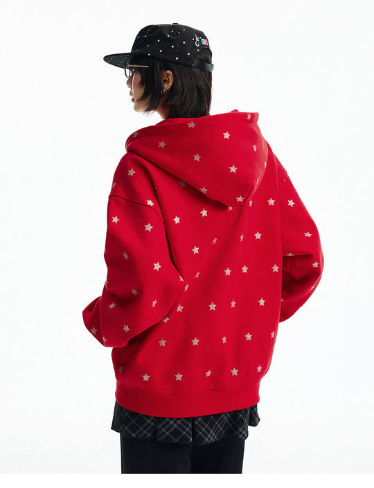 MEDM All Over Glitter Star Print Logo Patch Zip Up Hoodie | Face 3 Face
