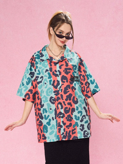 EMPTY REFERENCE Color Clash Leopard Print Short Sleeve Shirt