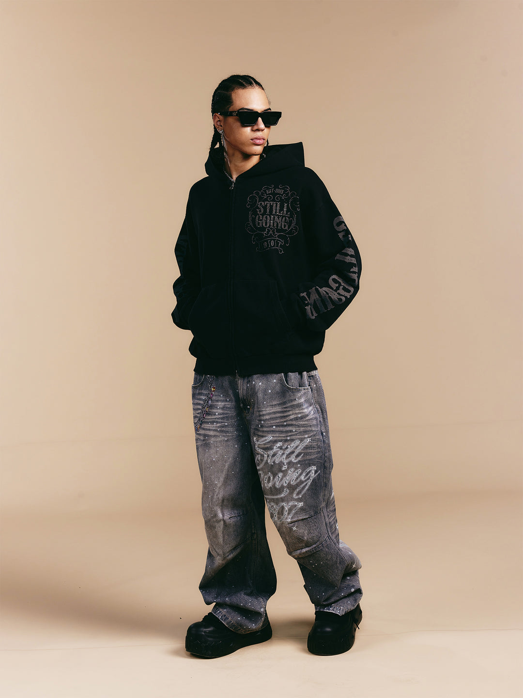 1807 Swarovski Crystal Diamond Washed Zip Up Hoodie | Face 3 Face