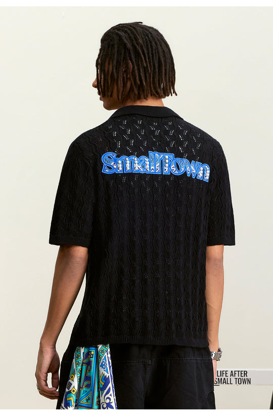 Small Town Kid Ethnic Logo Patch Crochet Knit Hawaiian Shirt | Face 3 Face