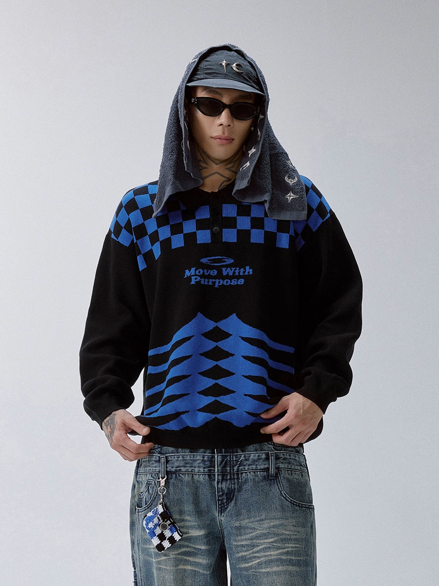 F2CE Checkerboard Pattern Polo Knit Sweater | Face 3 Face