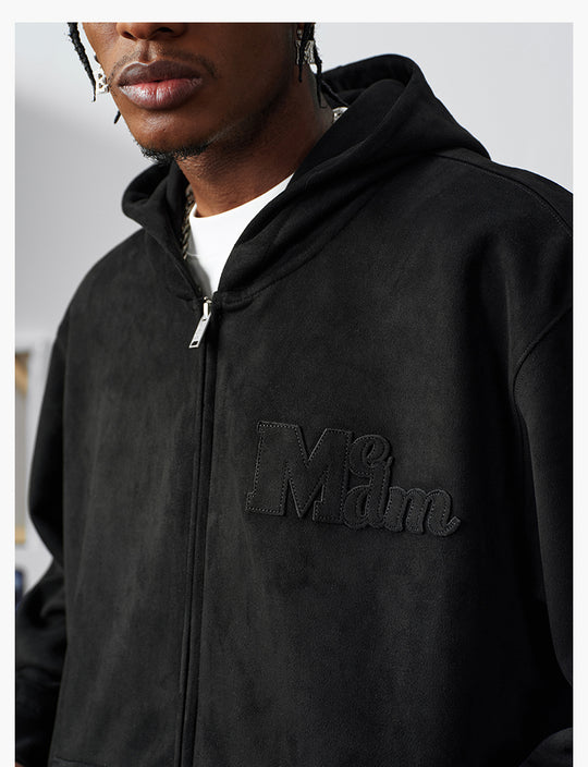 MEDM Suede Logo Patch Zip-Up Hoodie | Face 3 Face