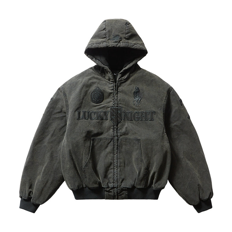 Remedy Embroidered Washed Hooded Bomber Jacket | Face 3 Face