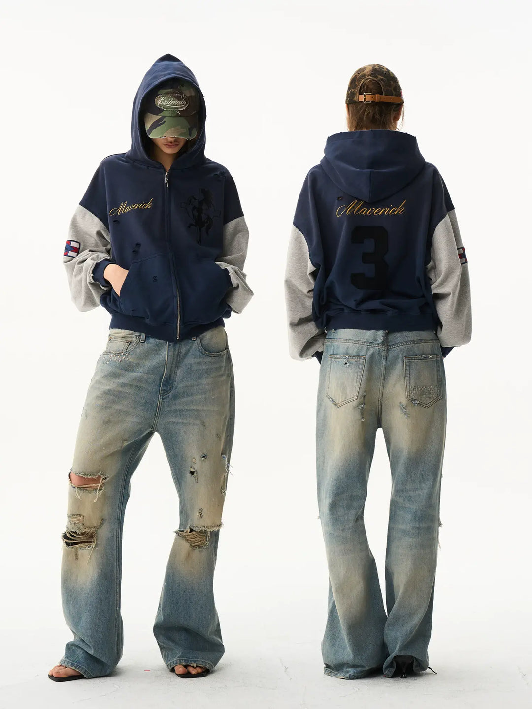EXITMODE BY BLIND NO PLAN Color Block Washed Distressed Oversized Zip Up Hoodie | Face 3 Face