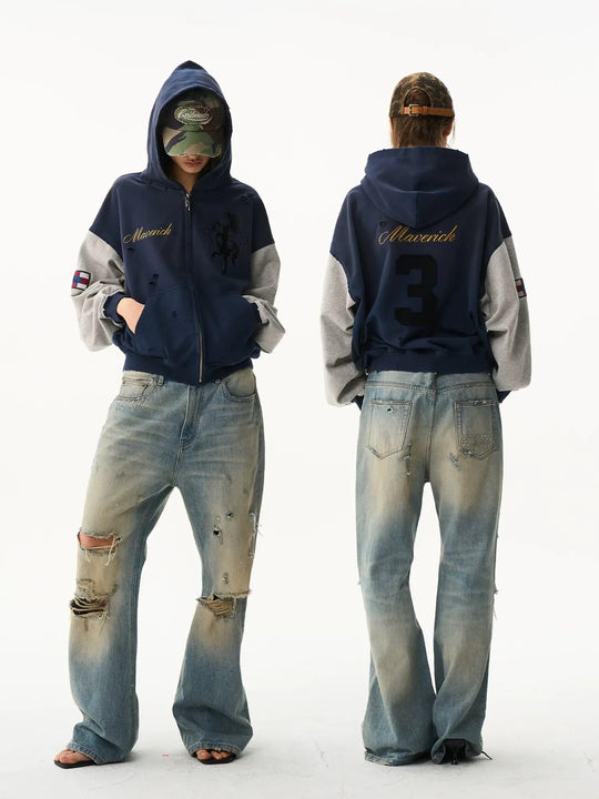 EXITMODE BY BLIND NO PLAN Color Block Washed Distressed Oversized Zip Up Hoodie | Face 3 Face