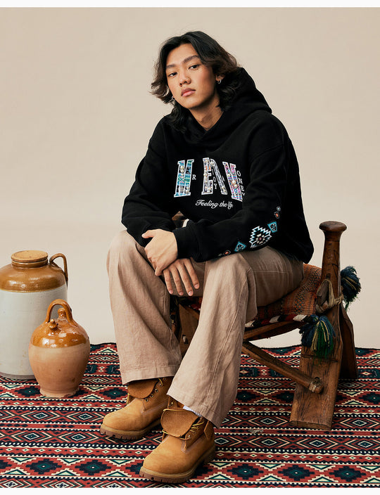 MEDM Ethnic Embroidered Patch Pearl Oversized Hoodie | Face 3 Face