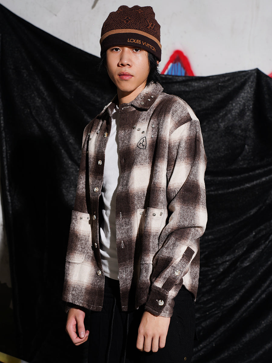 TGFCLUB Plaid Embroidered Rhinestone Long Sleeve Shirt | Face 3 Face