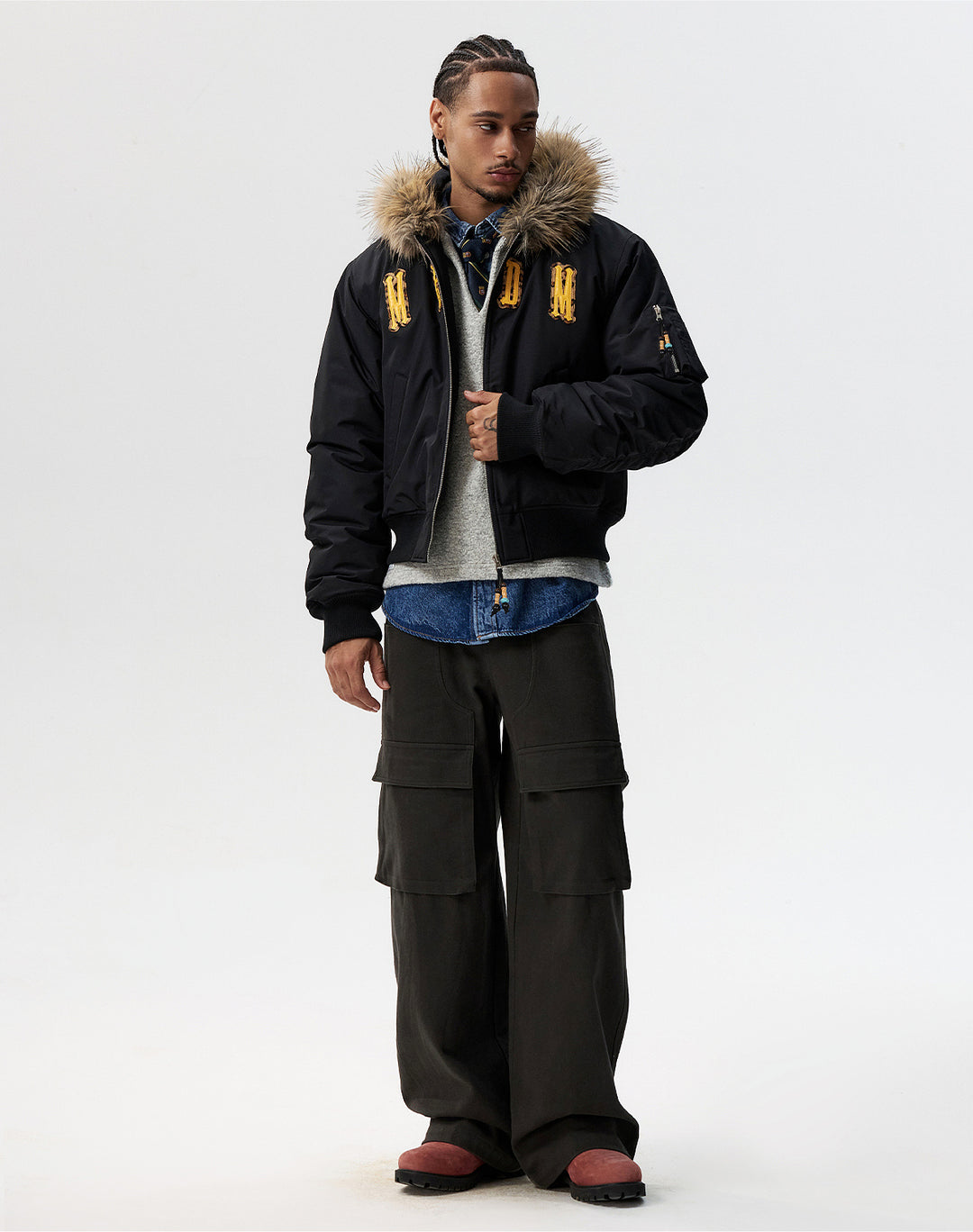 MEDM Animal Logo Patch Fur Hooded Bomber Jacket | Face 3 Face