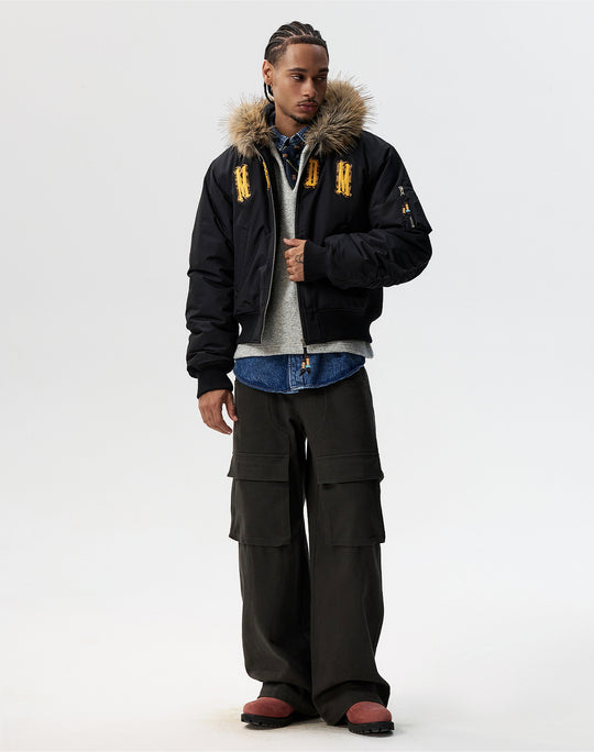 MEDM Animal Logo Patch Fur Hooded Bomber Jacket | Face 3 Face