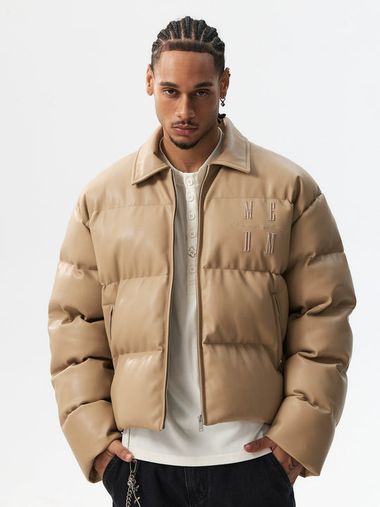 MEDM PU Leather 3D Embroidered Puffer Jacket | Face 3 Face