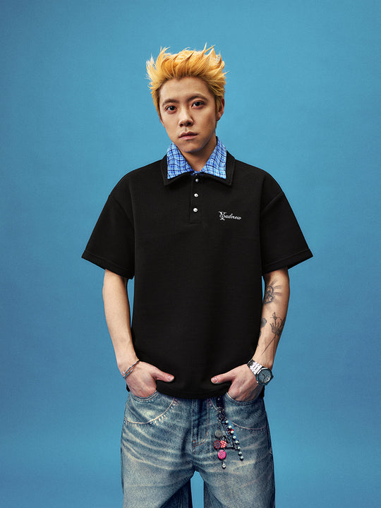 YADcrew Double Collar Layered Twisted Plaid Polo | Face 3 Face