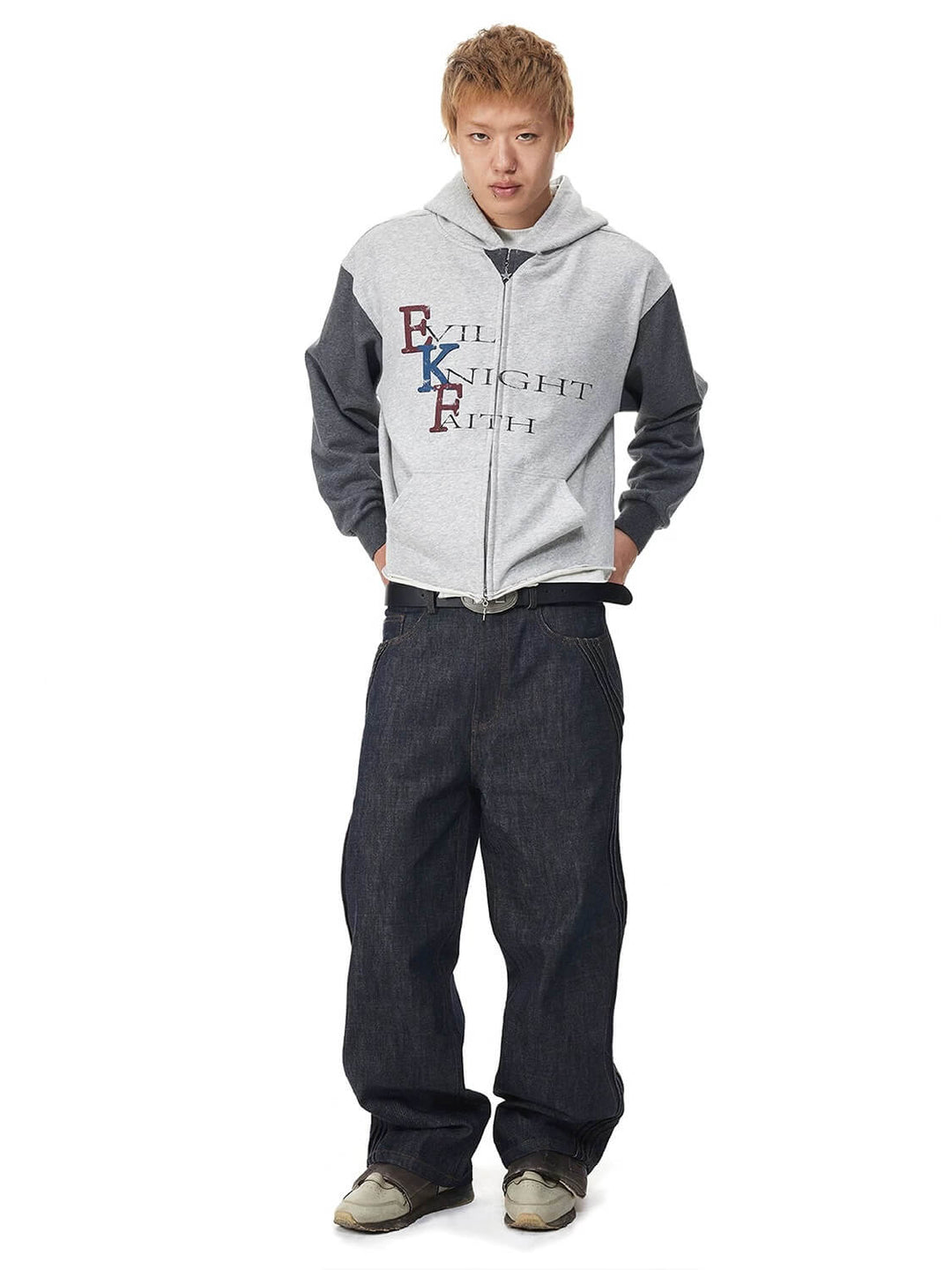 EVILKNIGHT(EK) Color Block Sleeve Cutoff Zip Up Hoodie | Face 3 Face