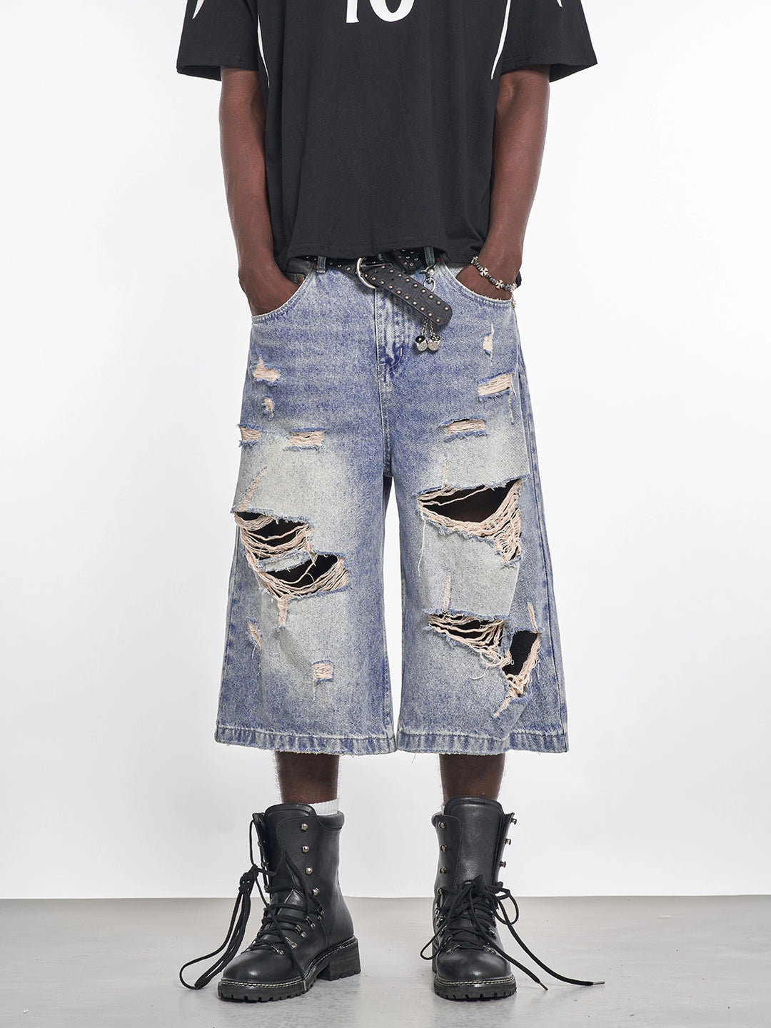 F3F Select Light Blue Destroyed Denim Baggy Shorts | Face 3 Face