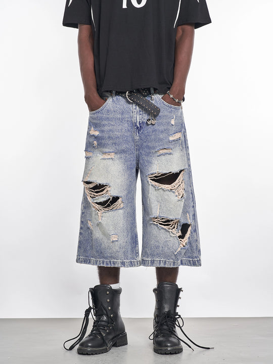 F3F Select Light Blue Destroyed Denim Baggy Shorts | Face 3 Face