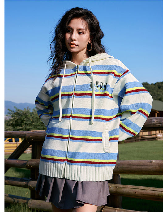 MEDM Colorful Stripes Zip-Up Knit Hoodie | Face 3 Face