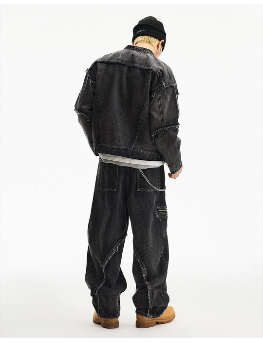 MEDM Washed Distressed Frayed Patchwork Denim Jacket | Face 3 Face