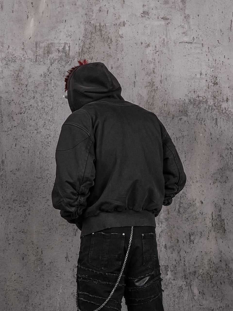 UNDERWATER Aged Silhouette Shirred Biker Armor Zip-Up Hoodie | Face 3 Face