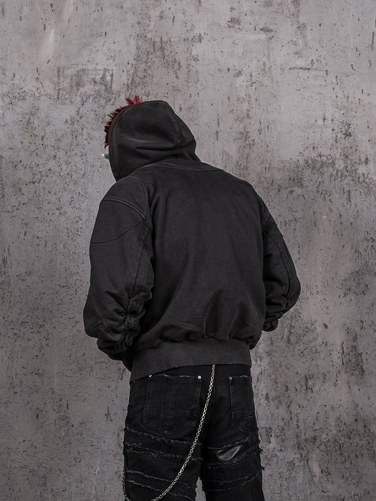 UNDERWATER Aged Silhouette Shirred Biker Armor Zip-Up Hoodie | Face 3 Face