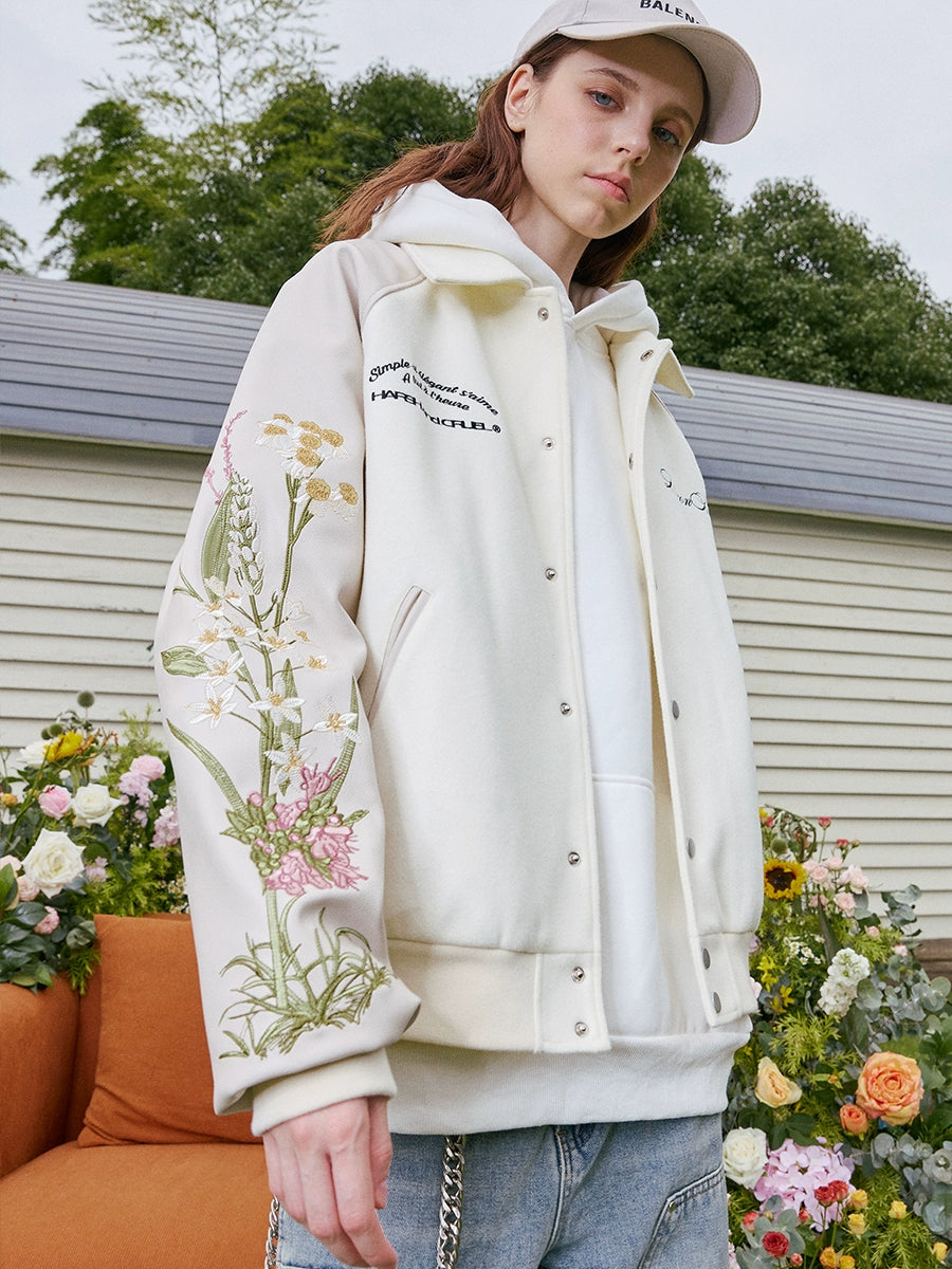 Harsh and Cruel Sleeve Arm Embroidered Floral Varsity Jacket | Face 3 Face