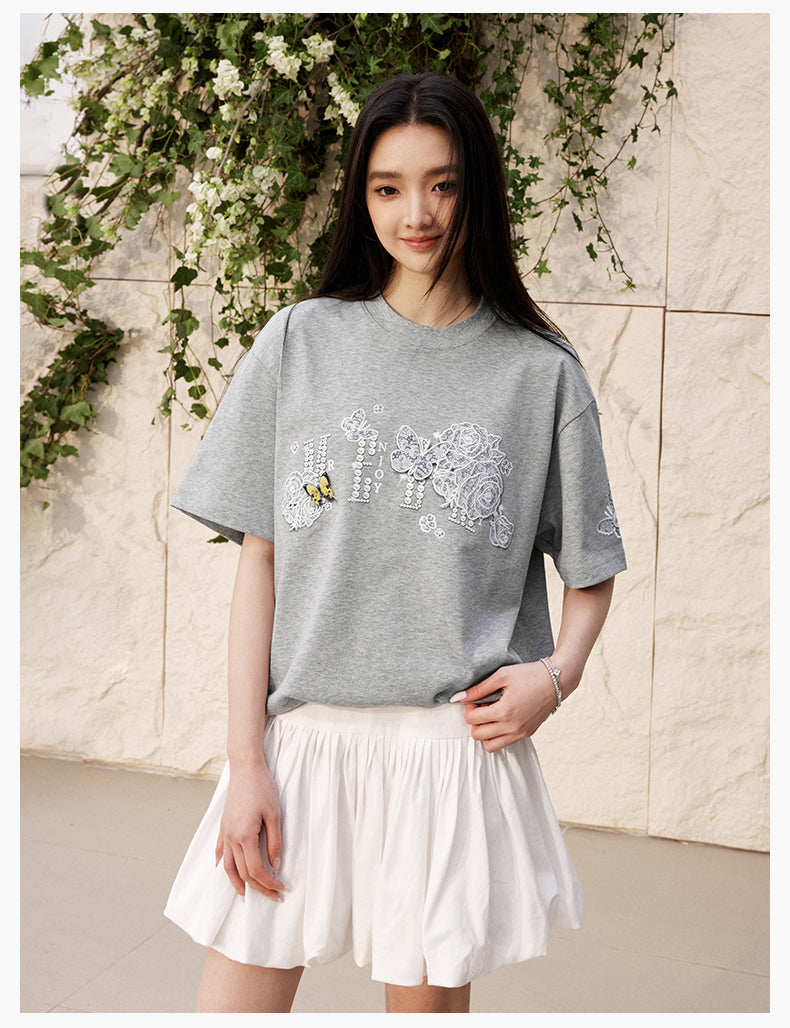 MEDM Lace Floral Rose Pearl Print Tee | Face 3 Face