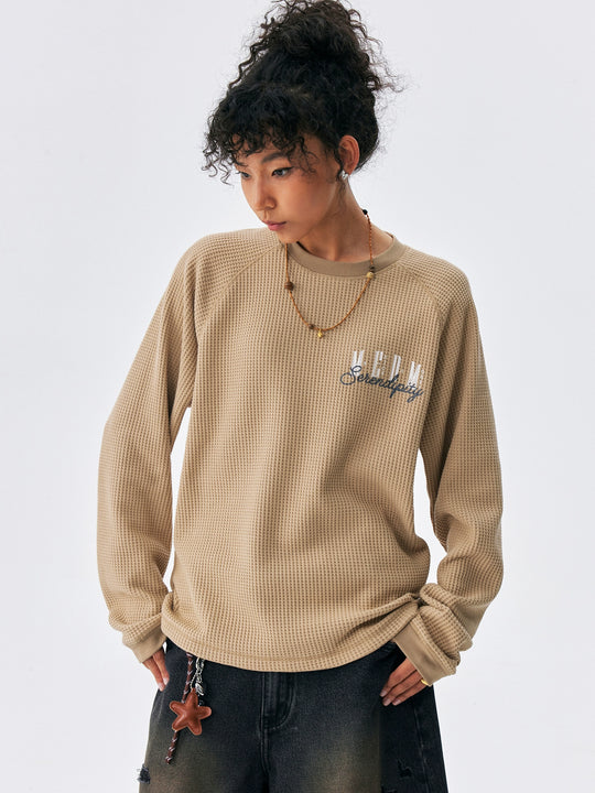 MEDM Logo Embroidered Print Waffle Long Sleeve Tee | Face 3 Face