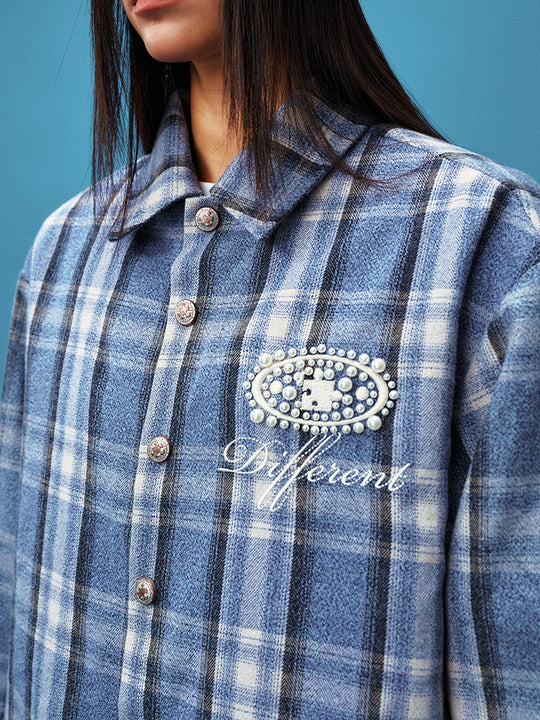 YADcrew Pearl-Embroidered Plaid Long-Sleeve Shirt | Face 3 Face