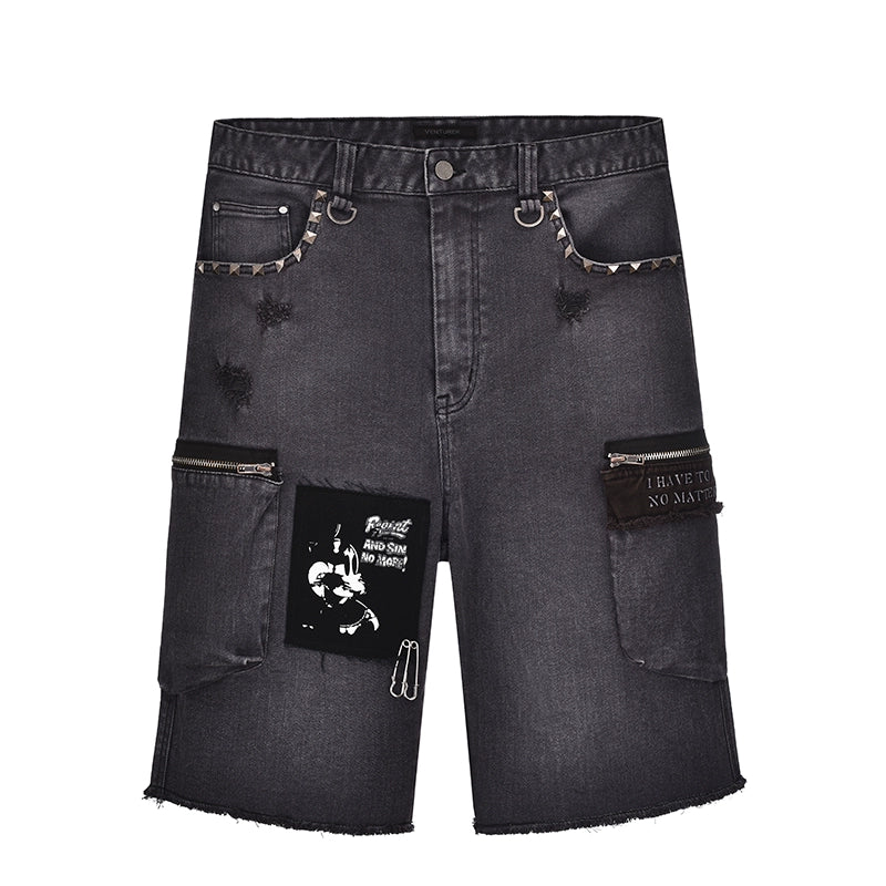 VENTUREK Washed Patch Rivet Zipper Denim Shorts | Face 3 Face
