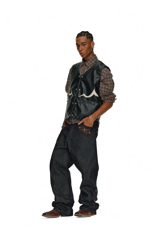 ANTIDOTE Turquoise Studded Western PU Leather Biker Vest | Face 3 Face